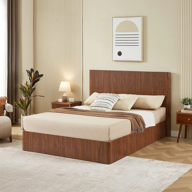 Main image of Queen Size Lift Up Storage Bed Frame, Wooden corrugated curved lines, Hydraulic Storage/No Box Spring Needed, Walnut.