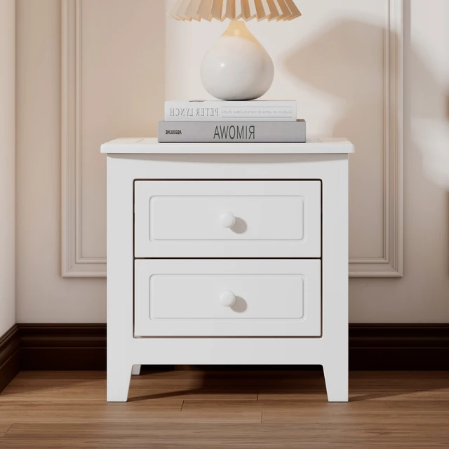 Alt view image 2 of 7 - 2-Drawer Nightstand for Bedroom, Mid Century Retro Bedside Table with Classic Design,White