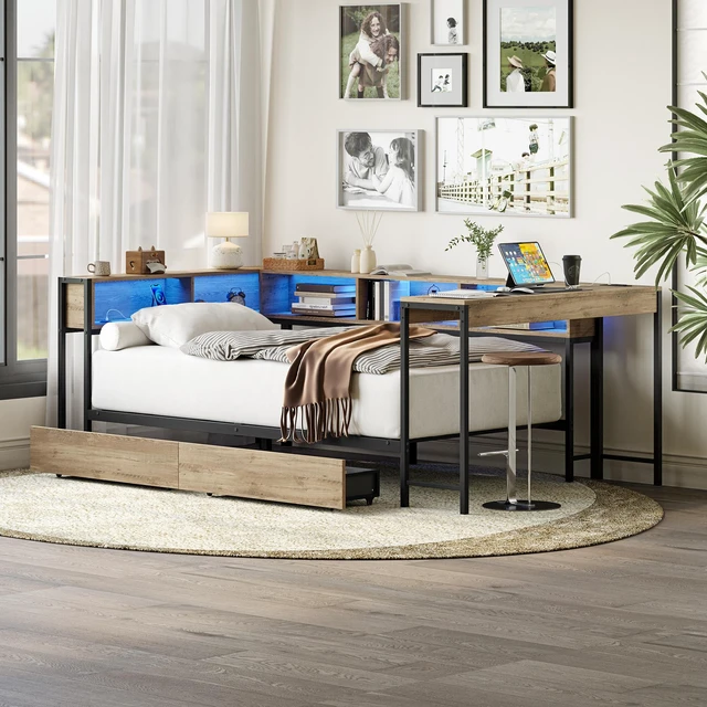 Main image of Corner Bed Frame Full Size with Bookcase and 2 Underbed Storage Drawers, Modern Full Bed with LED Light and Charging Station, Modern Daybed ,Left and right interchangeable, Grey
