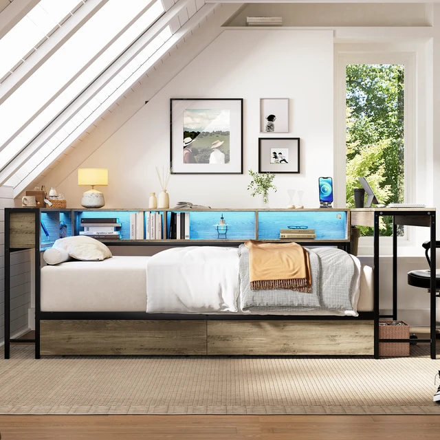 Alt view image 4 of 6 - Corner Bed Frame Full Size with Bookcase and 2 Underbed Storage Drawers, Modern Full Bed with LED Light and Charging Station, Modern Daybed ,Left and right interchangeable, Grey