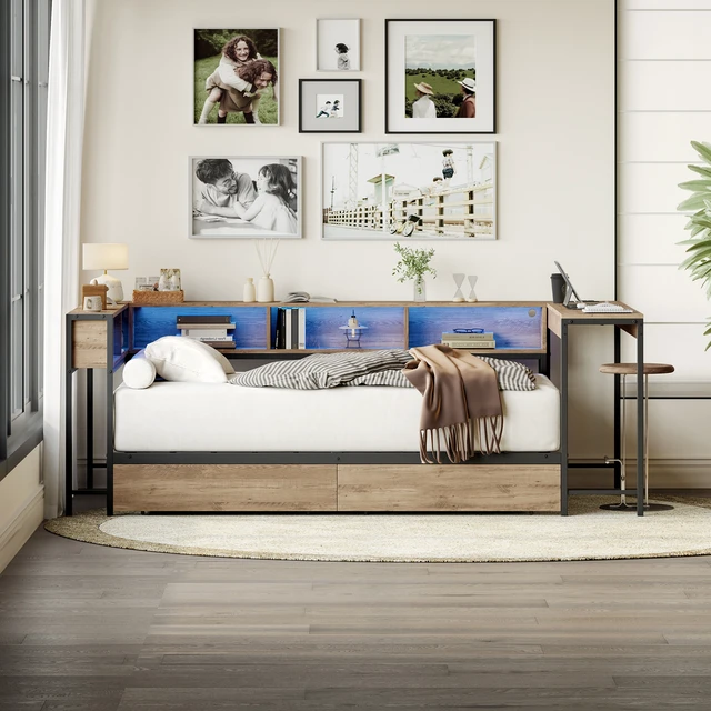 Alt view image 2 of 6 - Corner Bed Frame Full Size with Bookcase and 2 Underbed Storage Drawers, Modern Full Bed with LED Light and Charging Station, Modern Daybed ,Left and right interchangeable, Grey