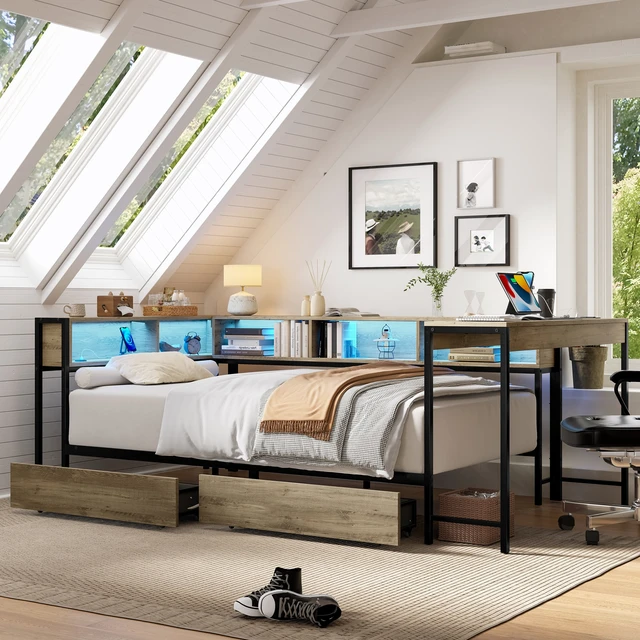 Alt view image 6 of 6 - Corner Bed Frame Full Size with Bookcase and 2 Underbed Storage Drawers, Modern Full Bed with LED Light and Charging Station, Modern Daybed ,Left and right interchangeable, Grey