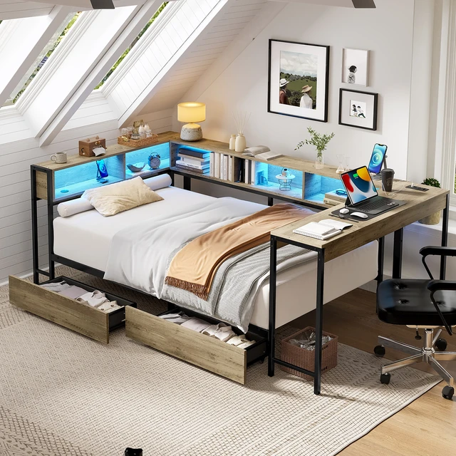 Alt view image 5 of 6 - Corner Bed Frame Full Size with Bookcase and 2 Underbed Storage Drawers, Modern Full Bed with LED Light and Charging Station, Modern Daybed ,Left and right interchangeable, Grey