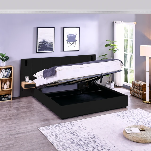 Alt view image 4 of 6 - King Size Storage Velvet Upholstered Hydraulic Platform Bed with 2 Shelves, 2 Reading Lamps and USB Port, Black