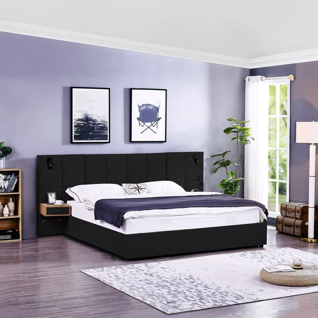 Alt view image 2 of 6 - King Size Storage Velvet Upholstered Hydraulic Platform Bed with 2 Shelves, 2 Reading Lamps and USB Port, Black