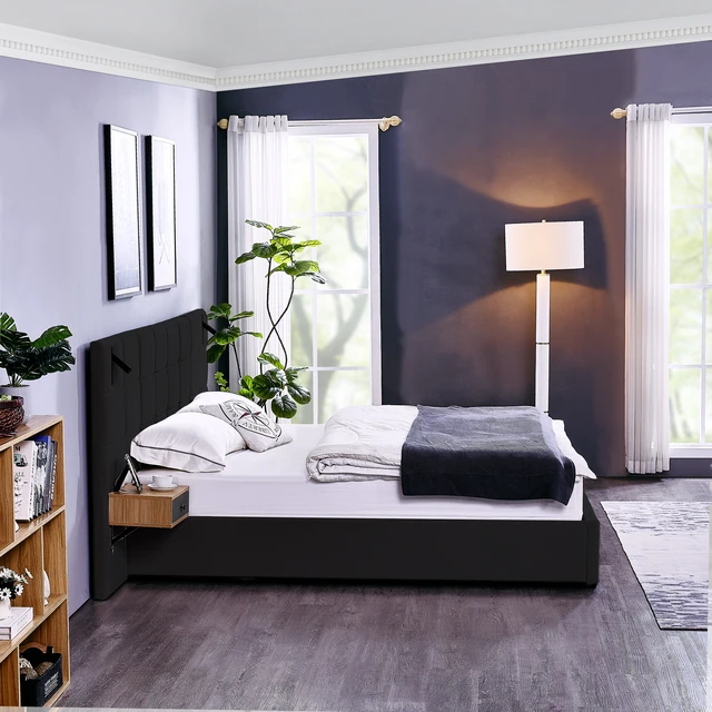 Alt view image 5 of 6 - King Size Storage Velvet Upholstered Hydraulic Platform Bed with 2 Shelves, 2 Reading Lamps and USB Port, Black