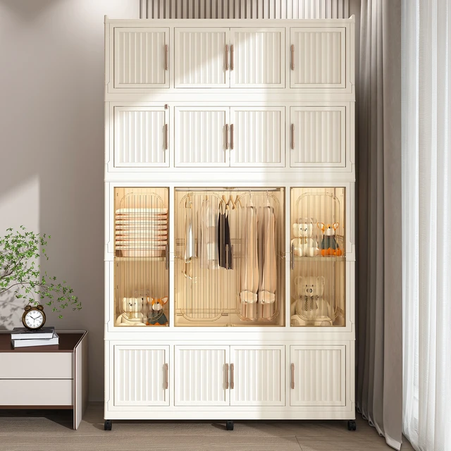 Alt view image 3 of 7 - Portable Wardrobe Closet Storage Organizer for Clothes,Clothes Dresser,17 Magnetic Doors-17 Cubes & 1 Hanging Rod,6 pcs hangers , Baby Wardrobe Storage Cabinet,White