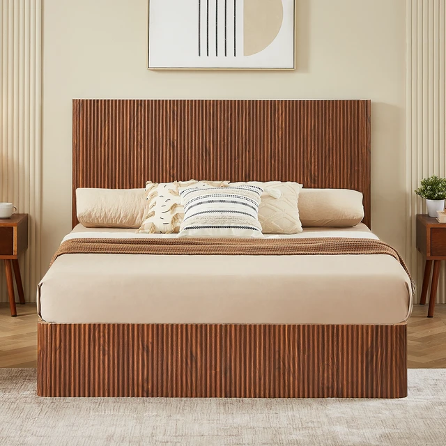 Alt view image 2 of 6 - Queen Size Lift Up Storage Bed Frame, Wooden corrugated curved lines, Hydraulic Storage/No Box Spring Needed, Walnut.