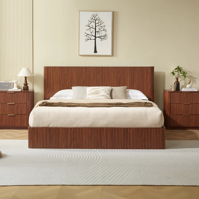 Alt view image 2 of 5 - King Size Lift Up Storage Bed Frame, Wooden corrugated curved lines, Hydraulic Storage/No Box Spring Needed, Walnut.