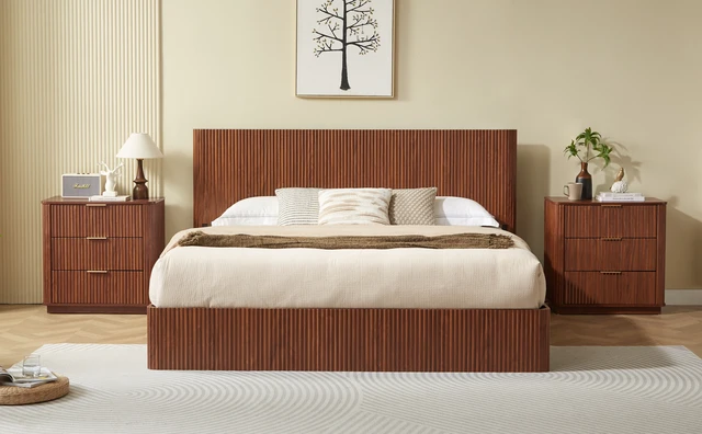 Alt view image 4 of 5 - King Size Lift Up Storage Bed Frame, Wooden corrugated curved lines, Hydraulic Storage/No Box Spring Needed, Walnut.