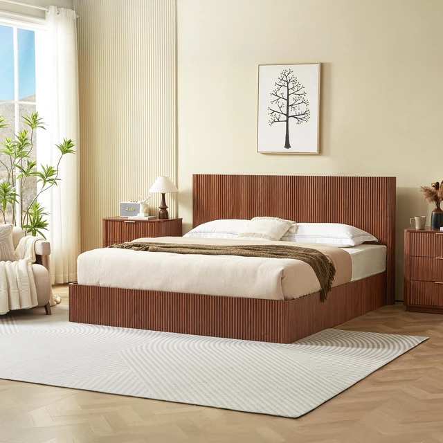 Main image of King Size Lift Up Storage Bed Frame, Wooden corrugated curved lines, Hydraulic Storage/No Box Spring Needed, Walnut.