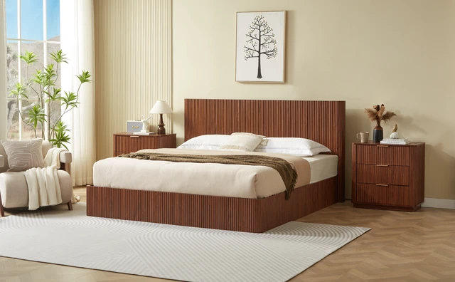Alt view image 3 of 5 - King Size Lift Up Storage Bed Frame, Wooden corrugated curved lines, Hydraulic Storage/No Box Spring Needed, Walnut.