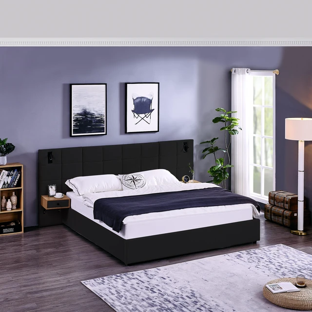 Main image of King Size Storage Velvet Upholstered Hydraulic Platform Bed with 2 Shelves, 2 Reading Lamps and USB Port, Black