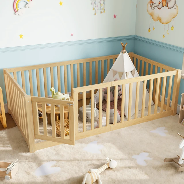 Alt view image 2 of 7 - Twin Size Bed Floor Bed with Safety Guardrails and Door for Kids, Natural