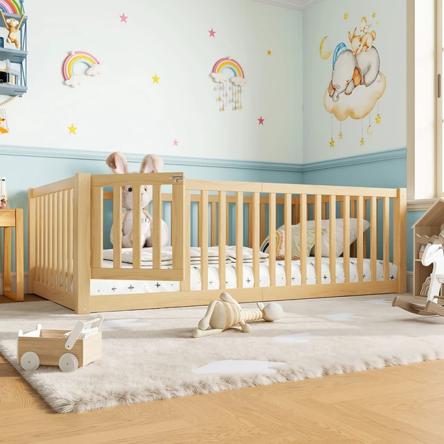 Alt view image 3 of 7 - Twin Size Bed Floor Bed with Safety Guardrails and Door for Kids, Natural