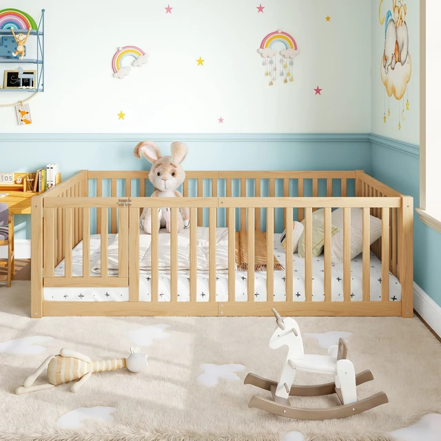 Main image of Twin Size Bed Floor Bed with Safety Guardrails and Door for Kids, Natural