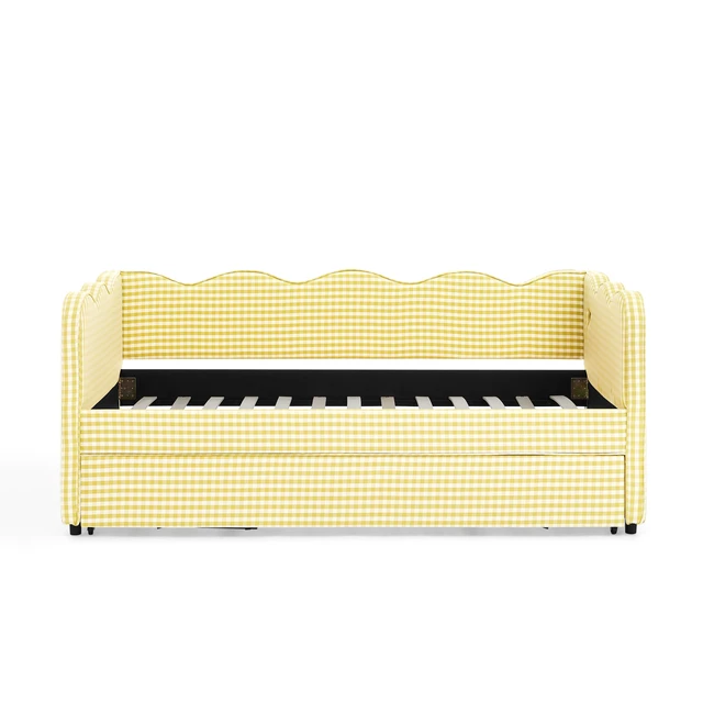 Alt view image 3 of 7 - Cozy Gingham Daybed with Trundle Twin Size Sofa Bed No Box Spring Needed, with USB Port and Adorable Wave Shaped, Linen Fabric