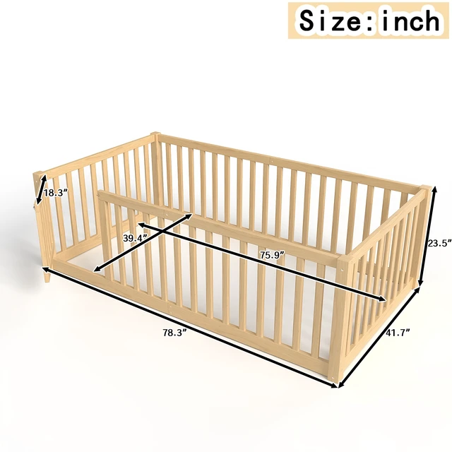 Alt view image 4 of 7 - Twin Size Bed Floor Bed with Safety Guardrails and Door for Kids, Natural