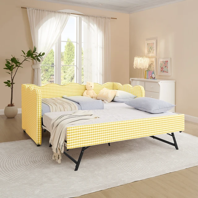 Alt view image 2 of 7 - Cozy Gingham Daybed with Trundle Twin Size Sofa Bed No Box Spring Needed, with USB Port and Adorable Wave Shaped, Linen Fabric