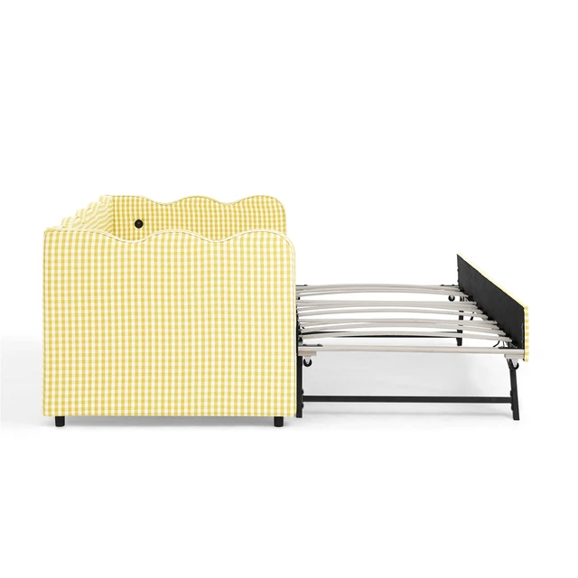 Alt view image 4 of 7 - Cozy Gingham Daybed with Trundle Twin Size Sofa Bed No Box Spring Needed, with USB Port and Adorable Wave Shaped, Linen Fabric