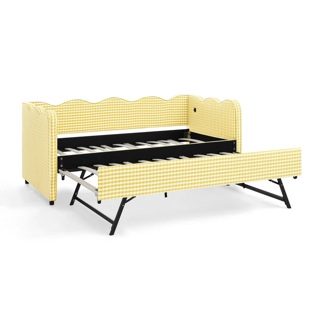 Alt view image 6 of 7 - Cozy Gingham Daybed with Trundle Twin Size Sofa Bed No Box Spring Needed, with USB Port and Adorable Wave Shaped, Linen Fabric