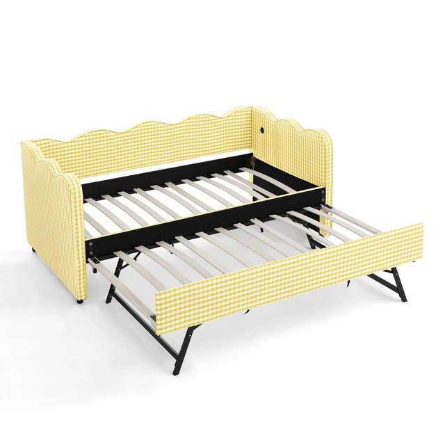 Alt view image 5 of 7 - Cozy Gingham Daybed with Trundle Twin Size Sofa Bed No Box Spring Needed, with USB Port and Adorable Wave Shaped, Linen Fabric
