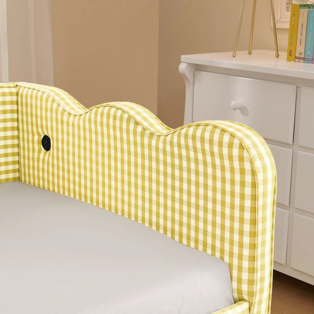 Alt view image 7 of 7 - Cozy Gingham Daybed with Trundle Twin Size Sofa Bed No Box Spring Needed, with USB Port and Adorable Wave Shaped, Linen Fabric