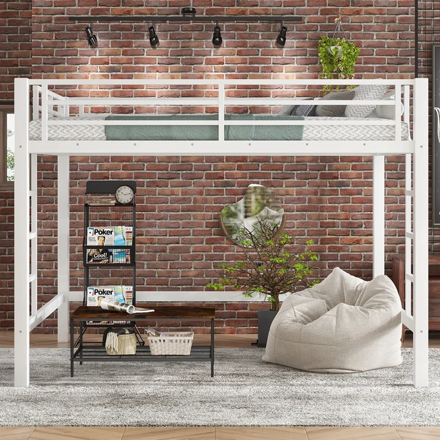 Alt view image 2 of 7 - Queen Size Metal Loft Bed, Loft Bed with Easy Climbing Ladder and Guardrails , White