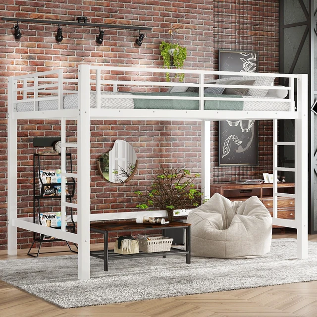 Main image of Queen Size Metal Loft Bed, Loft Bed with Easy Climbing Ladder and Guardrails , White