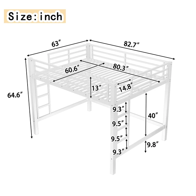Alt view image 3 of 7 - Queen Size Metal Loft Bed, Loft Bed with Easy Climbing Ladder and Guardrails , White