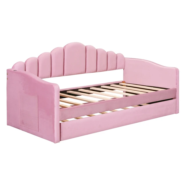 Alt view image 3 of 7 - Twin size Upholstered Daybed with Trundle ,Velvet Sofabed with USB Charging Ports,No Box-spring Needed,Pink