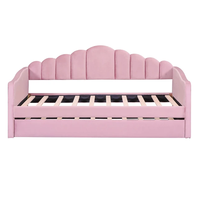 Alt view image 4 of 7 - Twin size Upholstered Daybed with Trundle ,Velvet Sofabed with USB Charging Ports,No Box-spring Needed,Pink