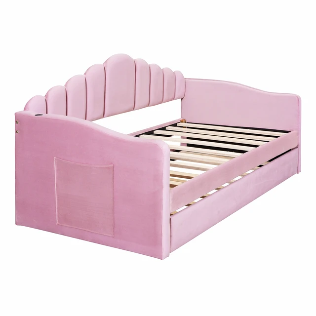 Alt view image 5 of 7 - Twin size Upholstered Daybed with Trundle ,Velvet Sofabed with USB Charging Ports,No Box-spring Needed,Pink