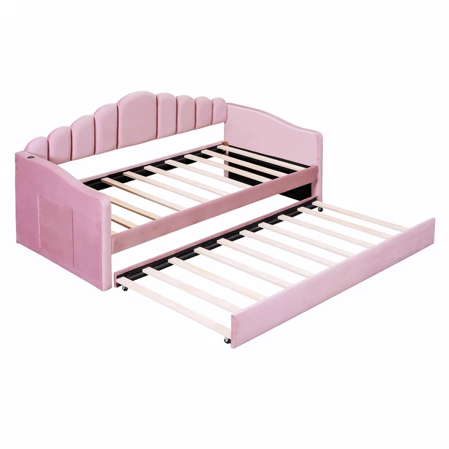 Alt view image 6 of 7 - Twin size Upholstered Daybed with Trundle ,Velvet Sofabed with USB Charging Ports,No Box-spring Needed,Pink