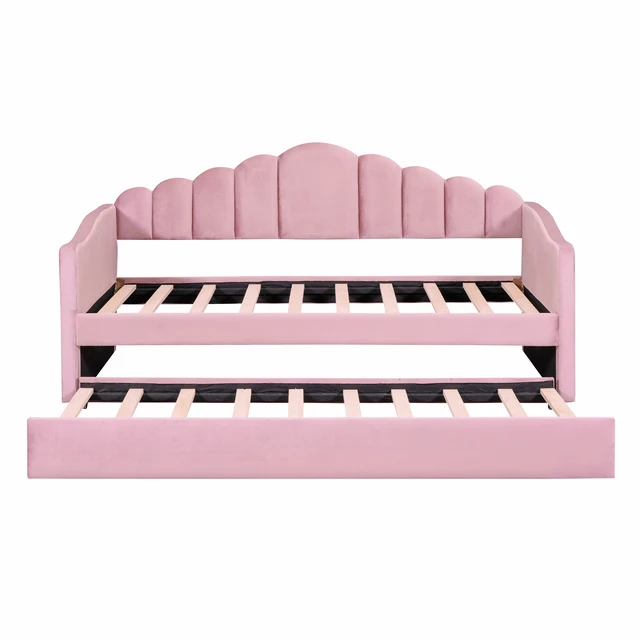 Alt view image 7 of 7 - Twin size Upholstered Daybed with Trundle ,Velvet Sofabed with USB Charging Ports,No Box-spring Needed,Pink