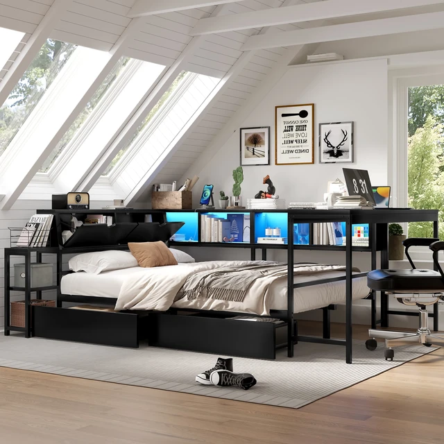 Alt view image 2 of 4 - Corner Bed Frame Full Size with Bookcase and 2 Underbed Storage Drawers, Modern Full Bed with LED Light and Charging Station, Black