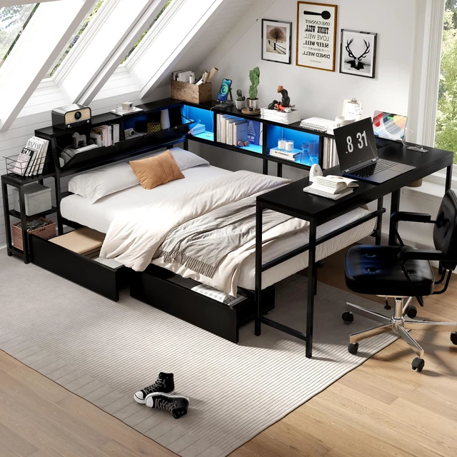 Main image of Corner Bed Frame Full Size with Bookcase and 2 Underbed Storage Drawers, Modern Full Bed with LED Light and Charging Station, Black