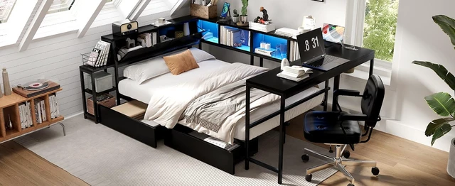 Alt view image 4 of 4 - Corner Bed Frame Full Size with Bookcase and 2 Underbed Storage Drawers, Modern Full Bed with LED Light and Charging Station, Black