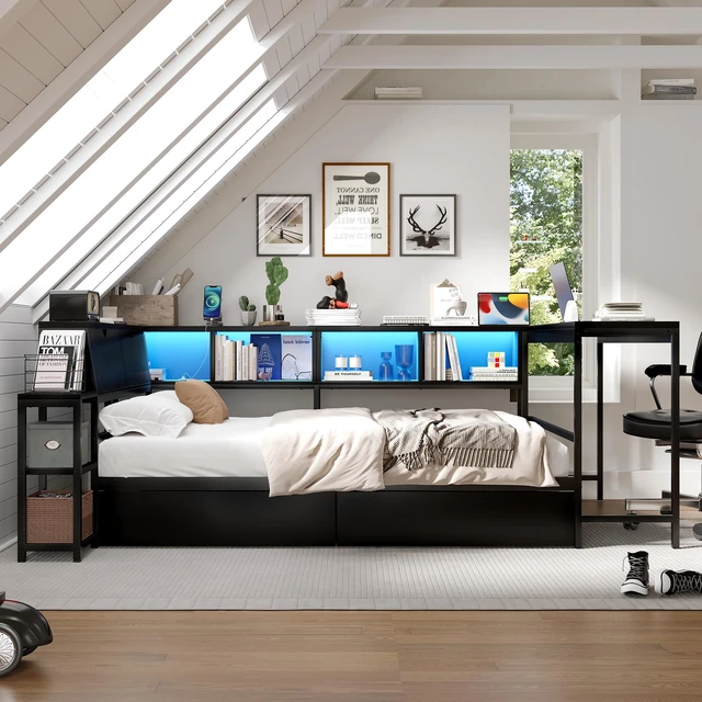 Alt view image 3 of 4 - Corner Bed Frame Full Size with Bookcase and 2 Underbed Storage Drawers, Modern Full Bed with LED Light and Charging Station, Black