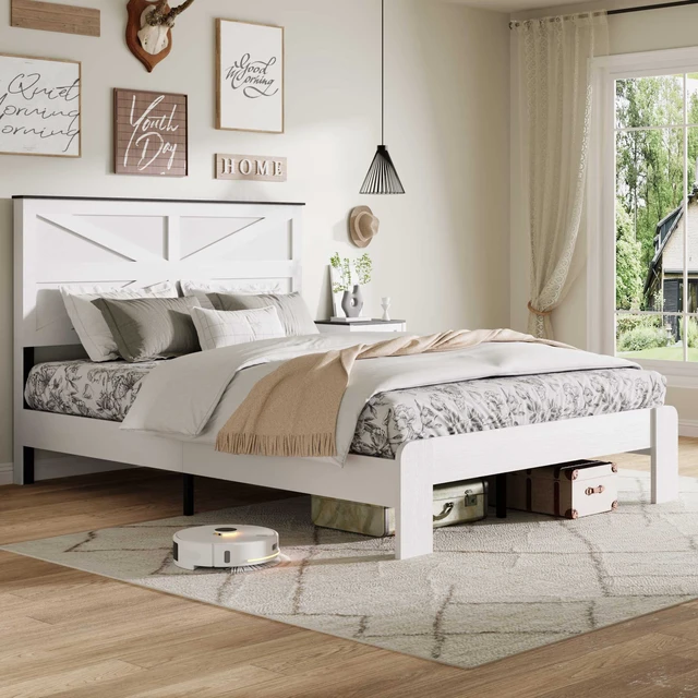 Alt view image 4 of 7 - Full Bed Frame Headboard , Wood Platform Bed Frame , Noise Free,No Box Spring Needed and Easy Assembly Tool,Large Under Bed Storage,White