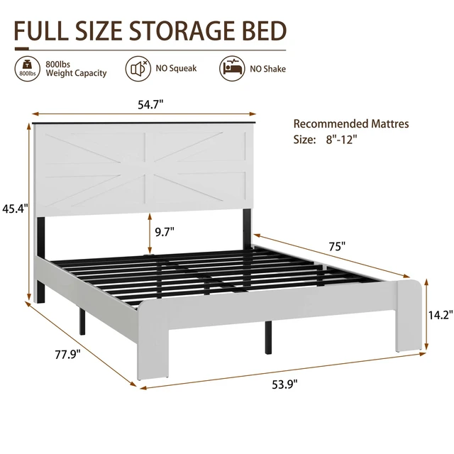 Alt view image 6 of 7 - Full Bed Frame Headboard , Wood Platform Bed Frame , Noise Free,No Box Spring Needed and Easy Assembly Tool,Large Under Bed Storage,White