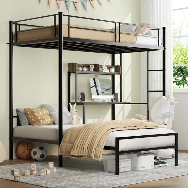 Alt view image 2 of 7 - Bunk Bed Twin Over Twin Size with Desk and Charging Station L-Shaped Metal Bunk Bed with Storage Shelves and Bookcase Loft Beds with Safety Guardrail and Ladder for Teen,Black