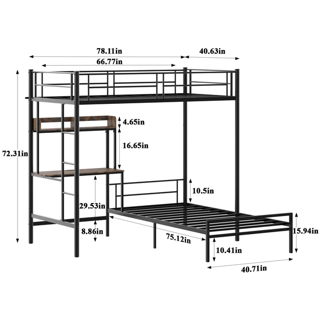 Alt view image 3 of 7 - Bunk Bed Twin Over Twin Size with Desk and Charging Station L-Shaped Metal Bunk Bed with Storage Shelves and Bookcase Loft Beds with Safety Guardrail and Ladder for Teen,Black