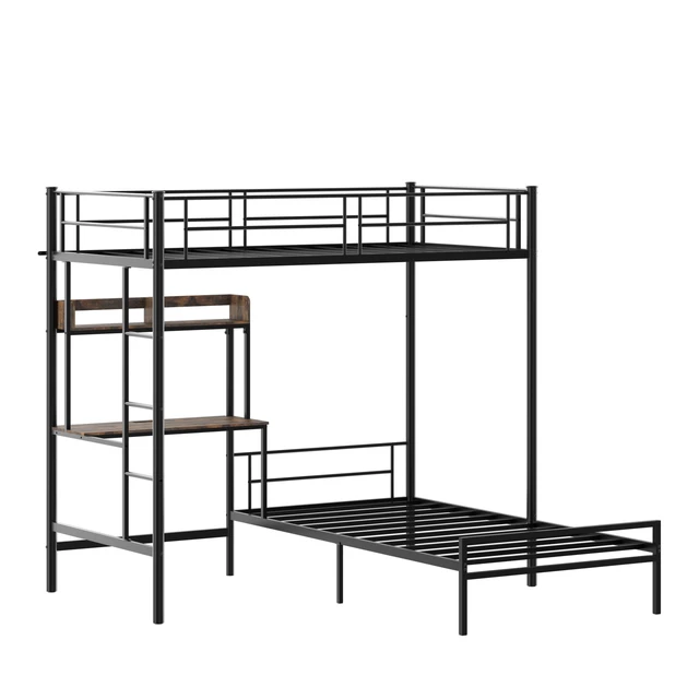 Alt view image 4 of 7 - Bunk Bed Twin Over Twin Size with Desk and Charging Station L-Shaped Metal Bunk Bed with Storage Shelves and Bookcase Loft Beds with Safety Guardrail and Ladder for Teen,Black