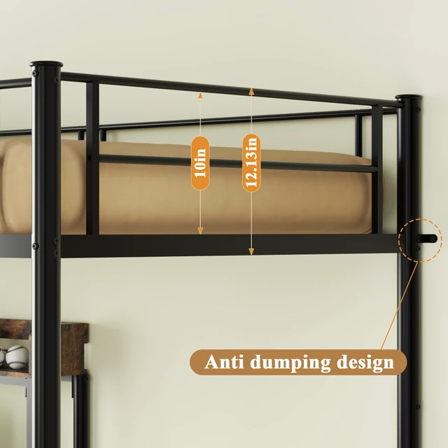 Alt view image 5 of 7 - Bunk Bed Twin Over Twin Size with Desk and Charging Station L-Shaped Metal Bunk Bed with Storage Shelves and Bookcase Loft Beds with Safety Guardrail and Ladder for Teen,Black