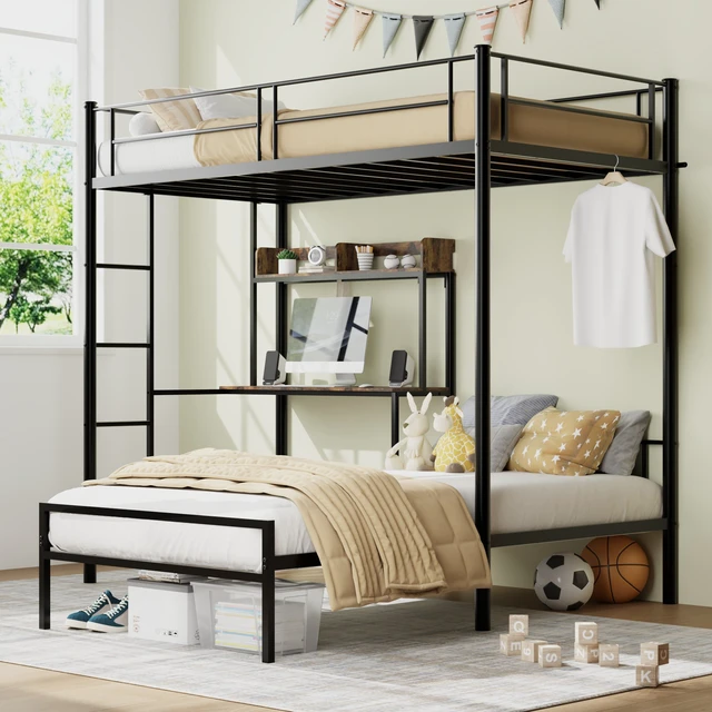 Alt view image 6 of 7 - Bunk Bed Twin Over Twin Size with Desk and Charging Station L-Shaped Metal Bunk Bed with Storage Shelves and Bookcase Loft Beds with Safety Guardrail and Ladder for Teen,Black