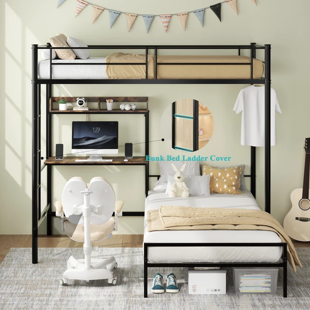 Alt view image 7 of 7 - Bunk Bed Twin Over Twin Size with Desk and Charging Station L-Shaped Metal Bunk Bed with Storage Shelves and Bookcase Loft Beds with Safety Guardrail and Ladder for Teen,Black