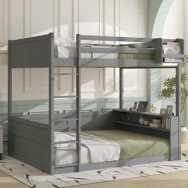 Main image of Queen Size Wooden Bunk Bed with Built-in Shelves, Storage Box, LED Light and USB Charging Station, Grey