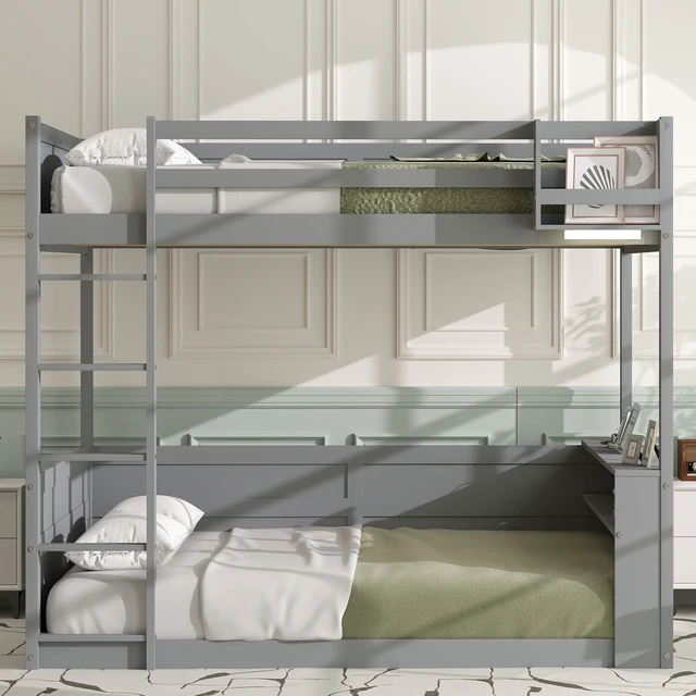 Alt view image 2 of 7 - Queen Size Wooden Bunk Bed with Built-in Shelves, Storage Box, LED Light and USB Charging Station, Grey