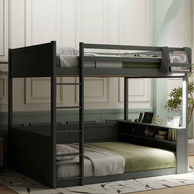 Alt view image 3 of 7 - Queen Size Wooden Bunk Bed with Built-in Shelves, Storage Box, LED Light and USB Charging Station, Grey